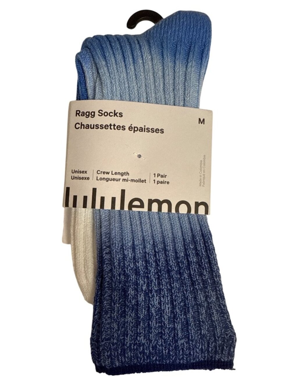Lululemon Ragg Socks Crew Length Blue White Ribbed Medium Athleisure Ombre NEW
